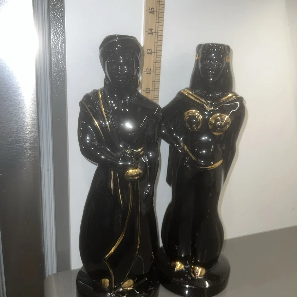 Vintage Eastern Style Man Woman Figurine Black Gold Accent Lot 3739